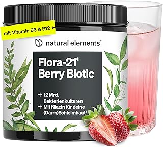 natural elements Flora 21 Berry Biotic Getränkepulver – 13 Bakterienstämme mit Ballaststoffen & Vitamin-B-Komplex – 12 Mrd. KBE/Portion – Erdbeergeschmack – 30 Portionen – vegan, ohne unnötige Zusätze