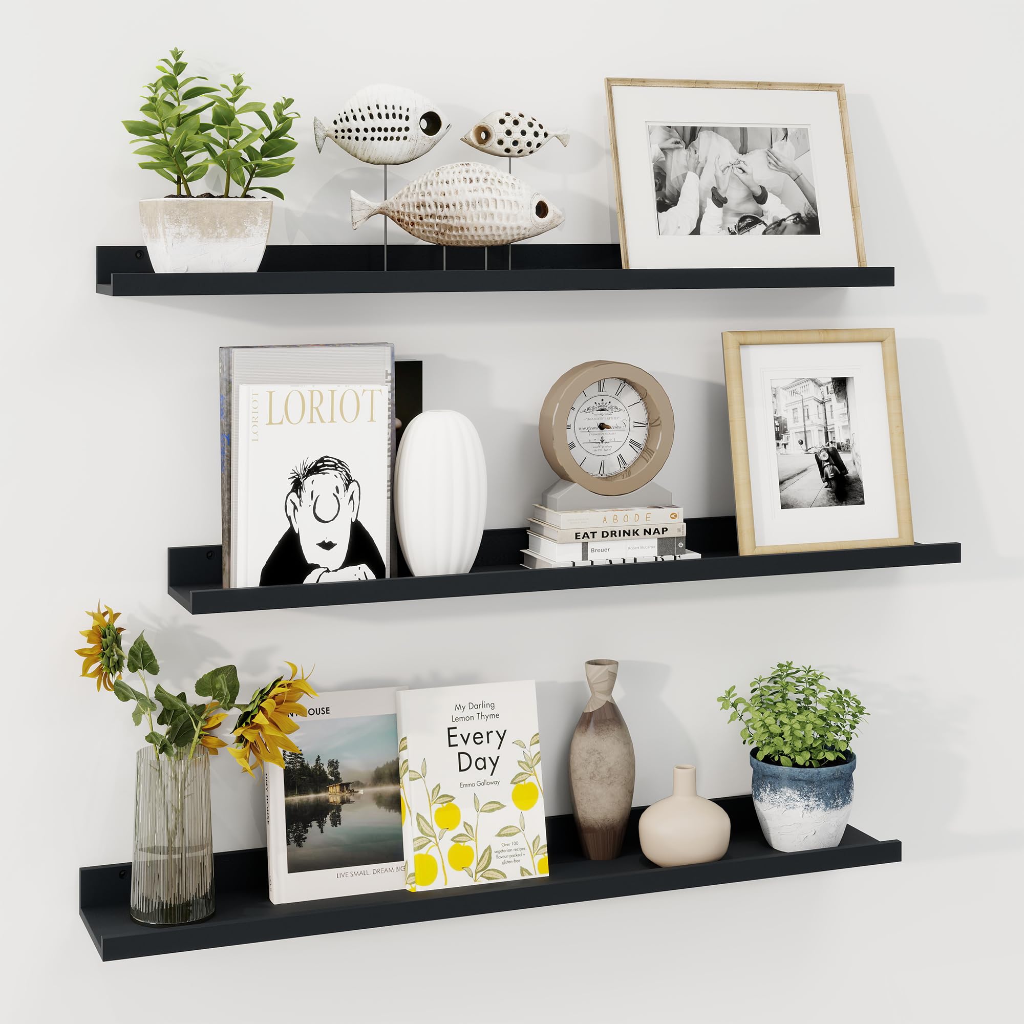 Axeman 36 Inch Floating Shelves | Black Picture Ledge Shelf Set of 3 | Rustic Wood Wall Shelves with Lip | 36" Black Picture Shelf for Wall with Ledge
