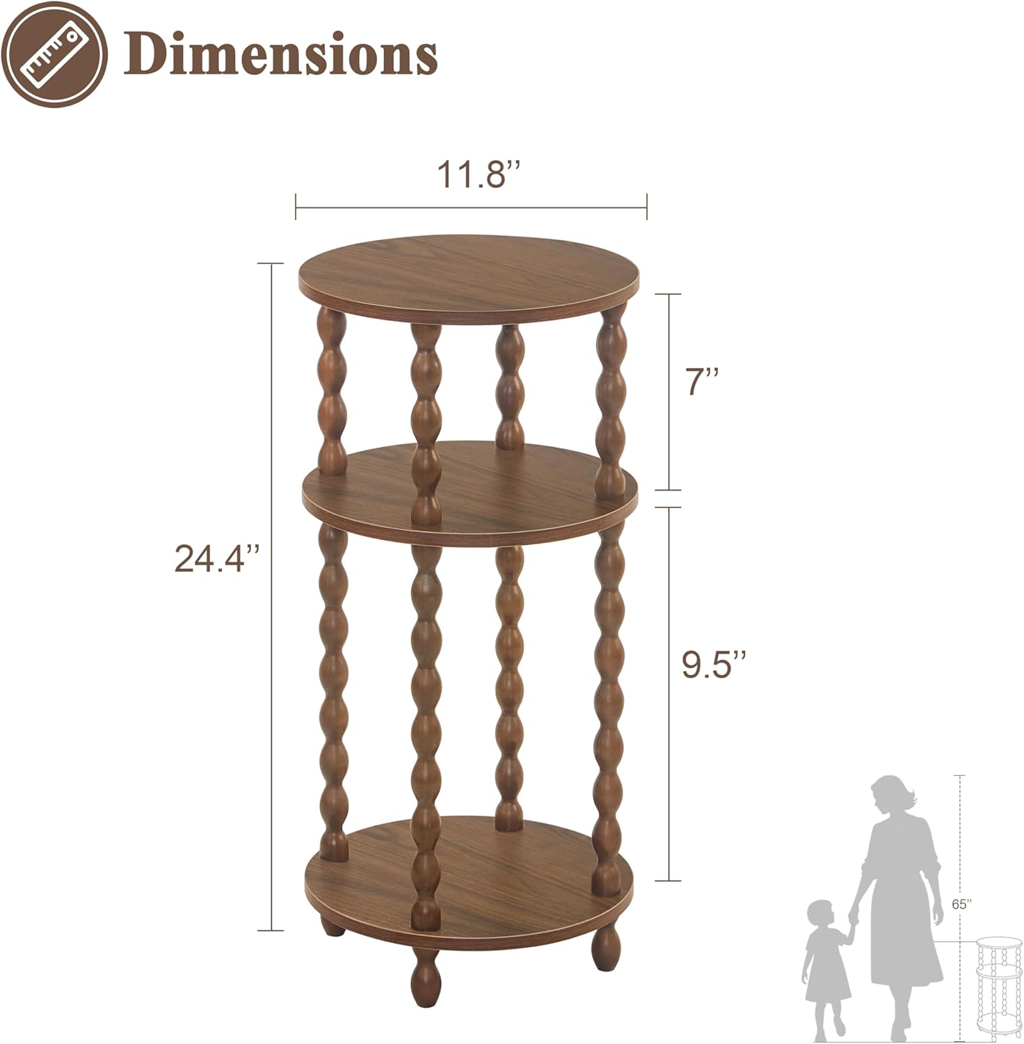 AWASEN Small Round End Table, Round Side Table with 3-Tier Open Shelf for Small Spaces, Wood Accent Table Nightstand for Bedroom, Living Room, Office, Walnut Brown