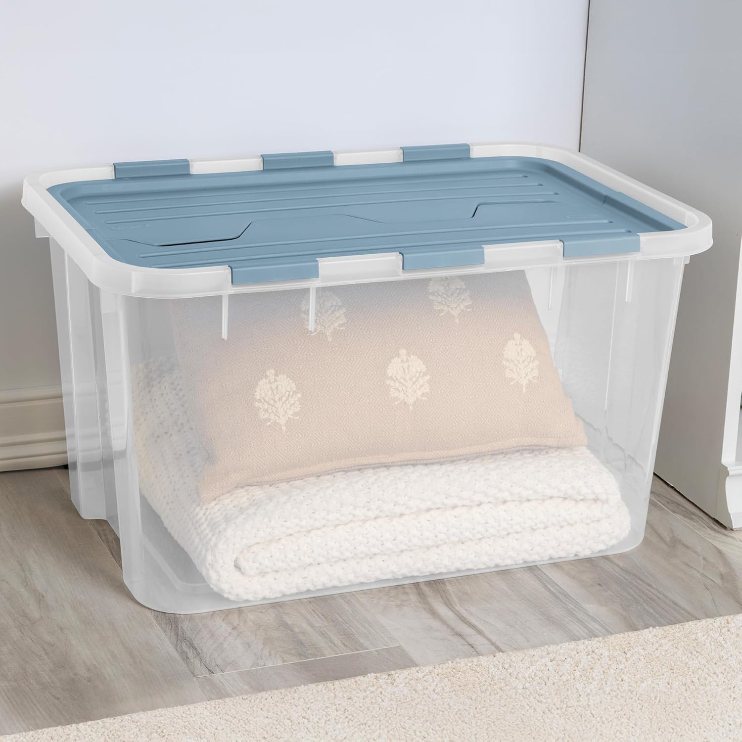 Sterilite 12 Pack Hinged Lid Storage Box, 60 Qt Plastic Container, Washed Blue - Home Organizer Tote for Storing Shoes, Crafts, Clothing, or Decor