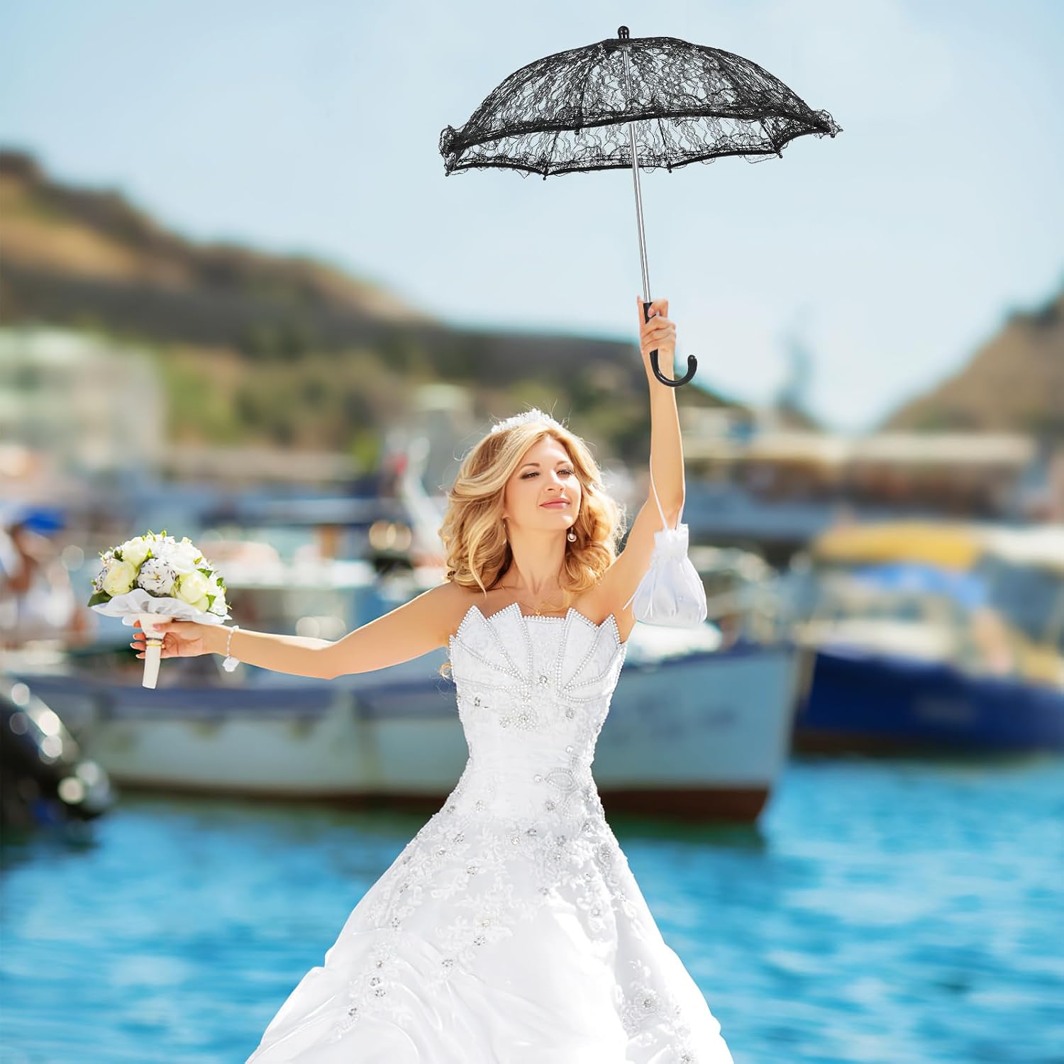 GANAZONO Romantic Lace Embroidery Sun Umbrella 48cm for Wedding Flower Girl Small Vintage Bridal Umbrella Craft Flowers Lace Shading Device