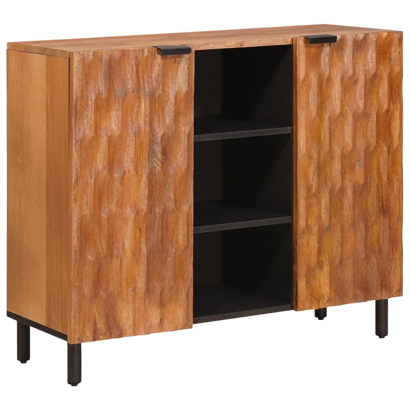 Credenza con superficie marrone acacia, 90 x 33 x 75 cm, con ripiano, ante a battente, legno massiccio di mango, spazio per soggiorno, camera da letto, console multimediale, stoccaggio, rack