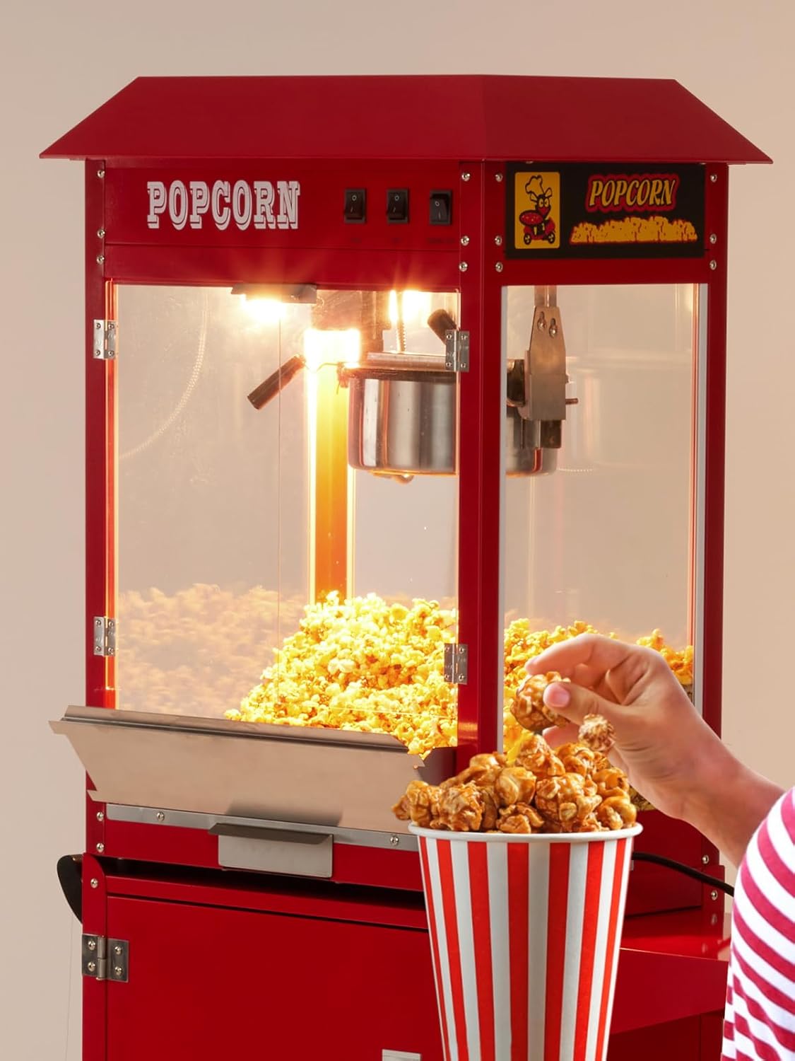 Commercial Popcorn Machine with Cart, [ 8 Oz Kettle ] [ 3 Mins ]Professional Popcorn Maker Machine Makes Up to 60 Cups, [With Lockers] [10PCS Popcorn Bucket ] for Home Movie Theater Style