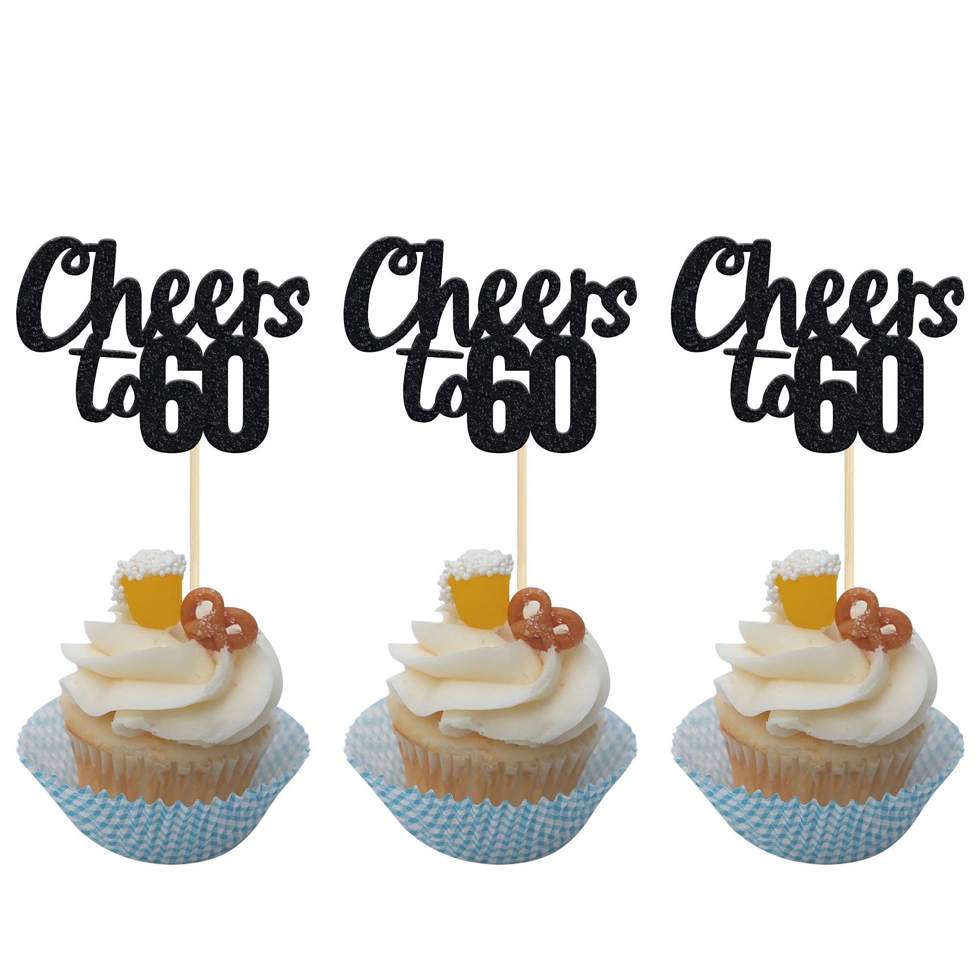 Buy Gyufise 24 Pack Black Glitter Cheers to 60 Cupcake Toppers 60th ...