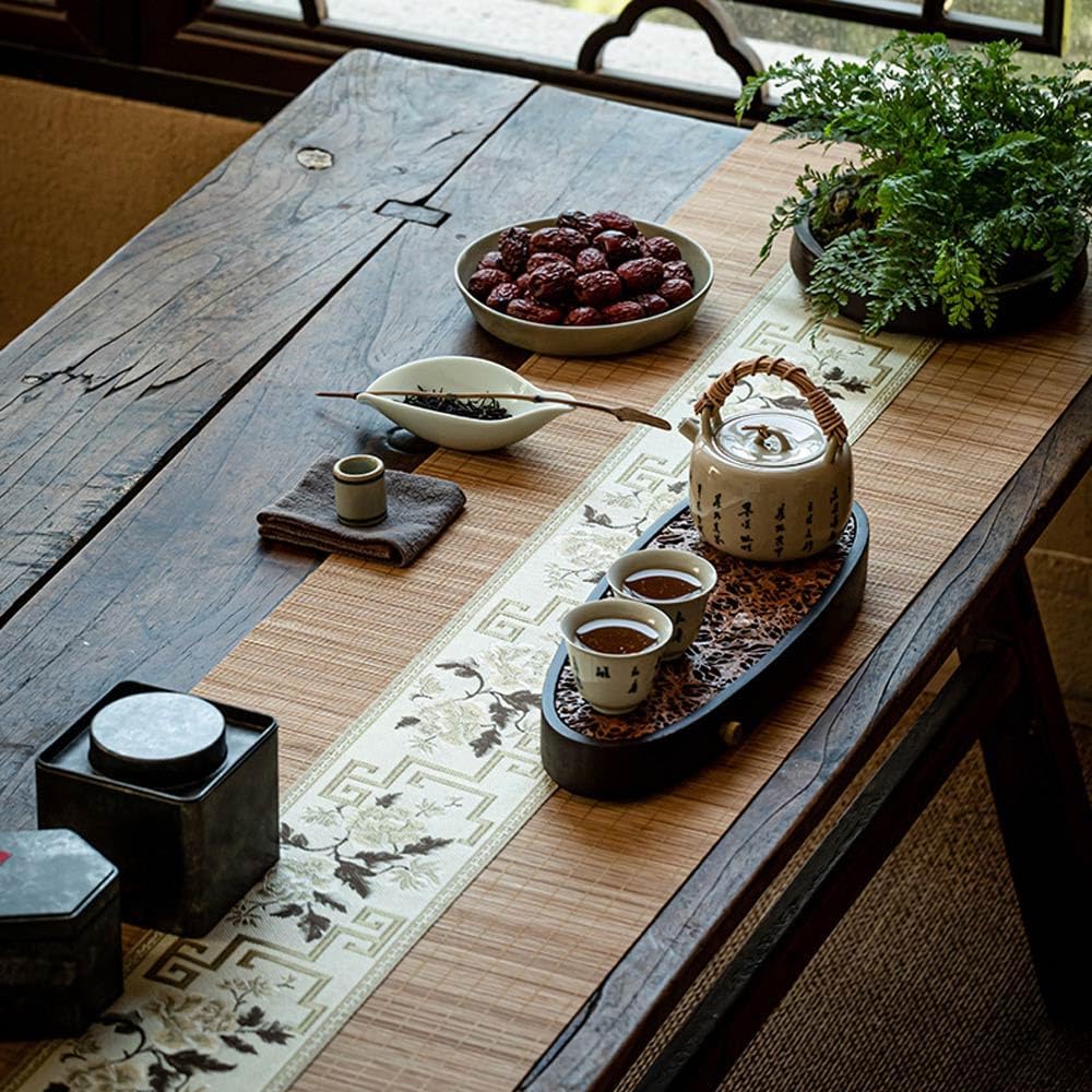 Asian Style Bamboo Table Runner, Floral Embroidery Cotton Linen Zen Bamboo Table Mat for Home Kitchen Dining Decor (Beige, 12x72 Inch)