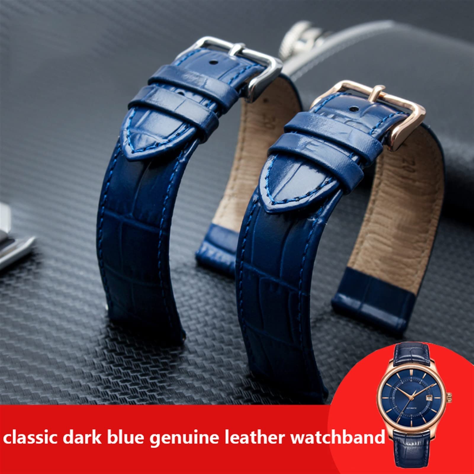Canda di guardia vera in pelle vera blu scuro per cinturino da braccialetto da 18 mm da 20 mm da 22 mm con chiusura in acciaio inossidabile