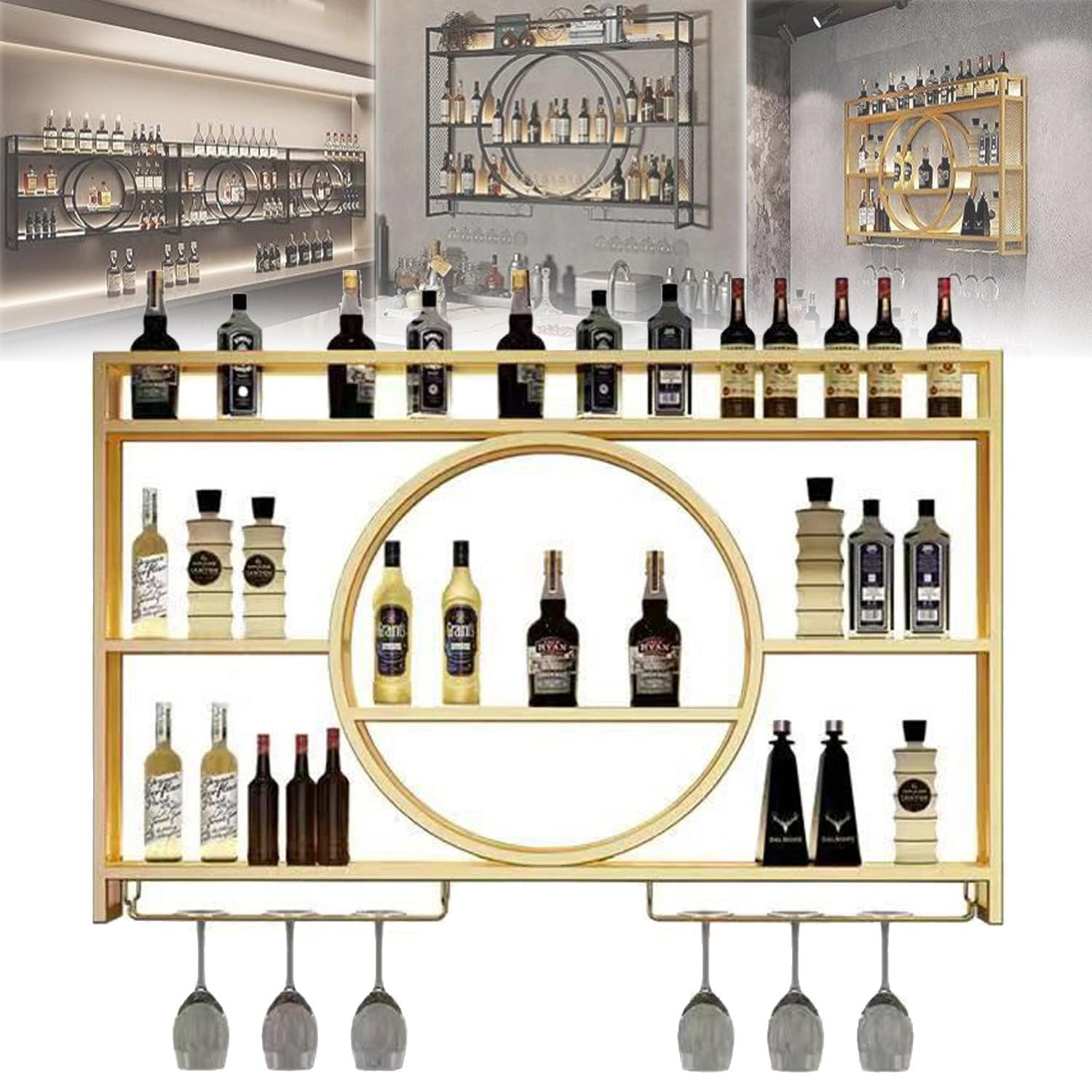 Casier à vin en métal doré 120cm avec support verres et éclairage LED chic
