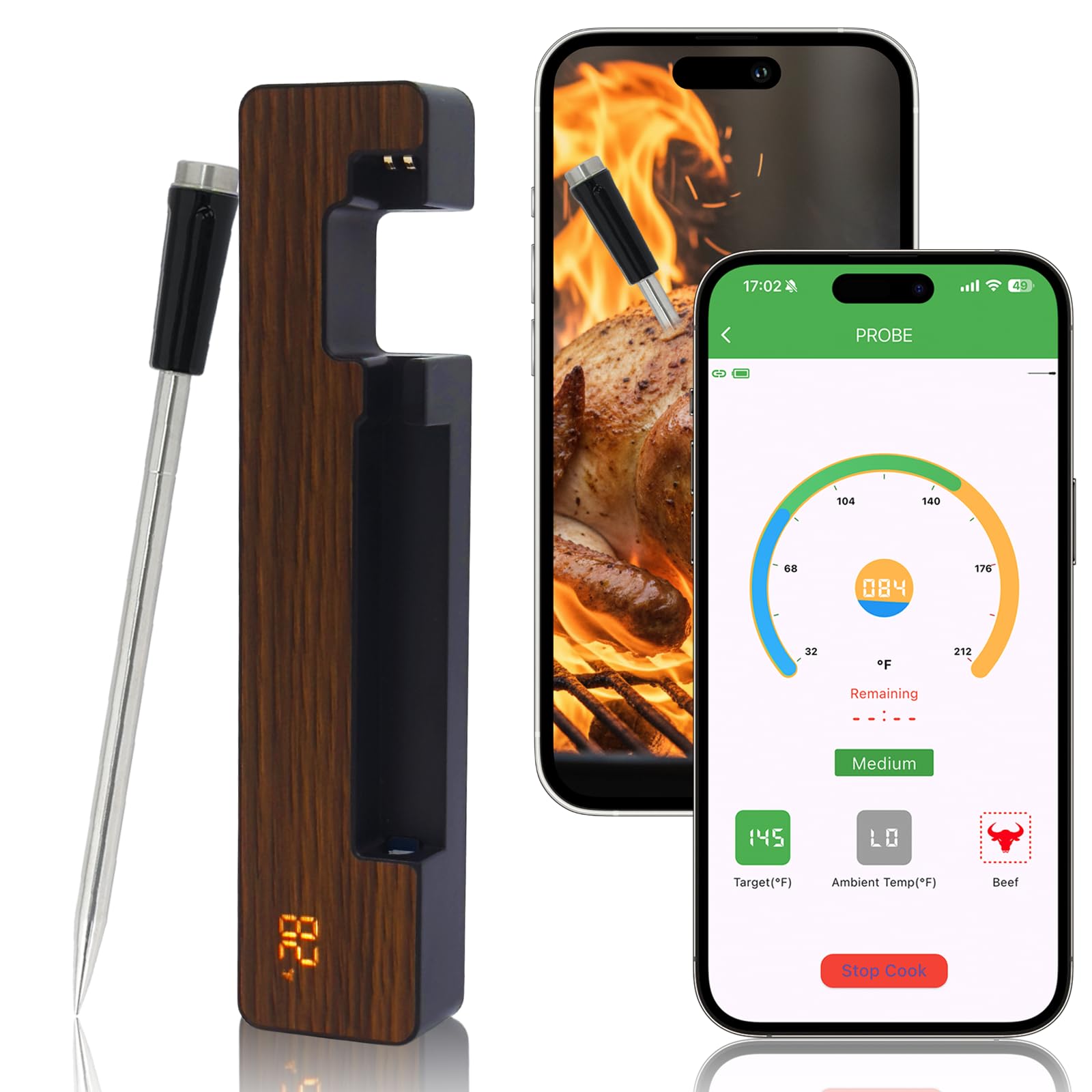 Termometro digitale per carne, wireless, con Bluetooth 5.3, con controllo tramite app, sonda in ceramica impermeabile ad alta precisione, ricarica rapida e magnetico, per forno, grill, barbecue