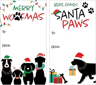 Santa Dog Christmas Gift Tag Self Adhesive Stickers – 75 Labels - Dog Christmas Peel and Stick Pet Holiday Gift Wrap Tags – Merry Woofmas Themed Gift Wrapping Paper Stickers