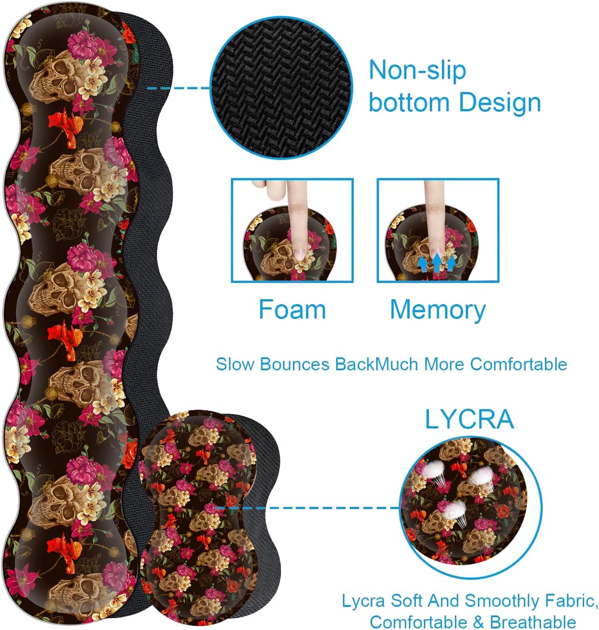 Black Mouse Pad,Keyboard Mouse Pad Set,Extended Gaming Mouse Pad + Memory Foam Keyboard Wrist Rest Support, Rose Flower Skull Office Desk Mat Writing Pad Easy Typing, XXL Large Mousepad Desk Mat