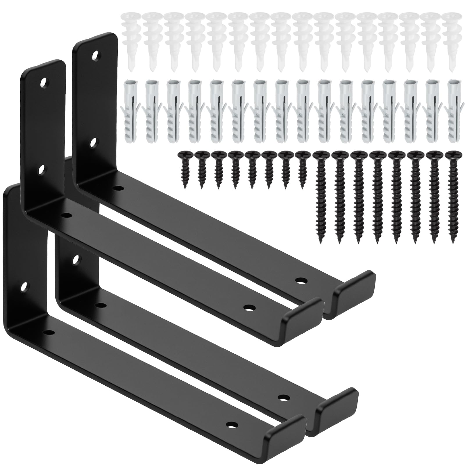 Supports d'étagère flottants anti-affaissement en J métal noir 36 pcs
