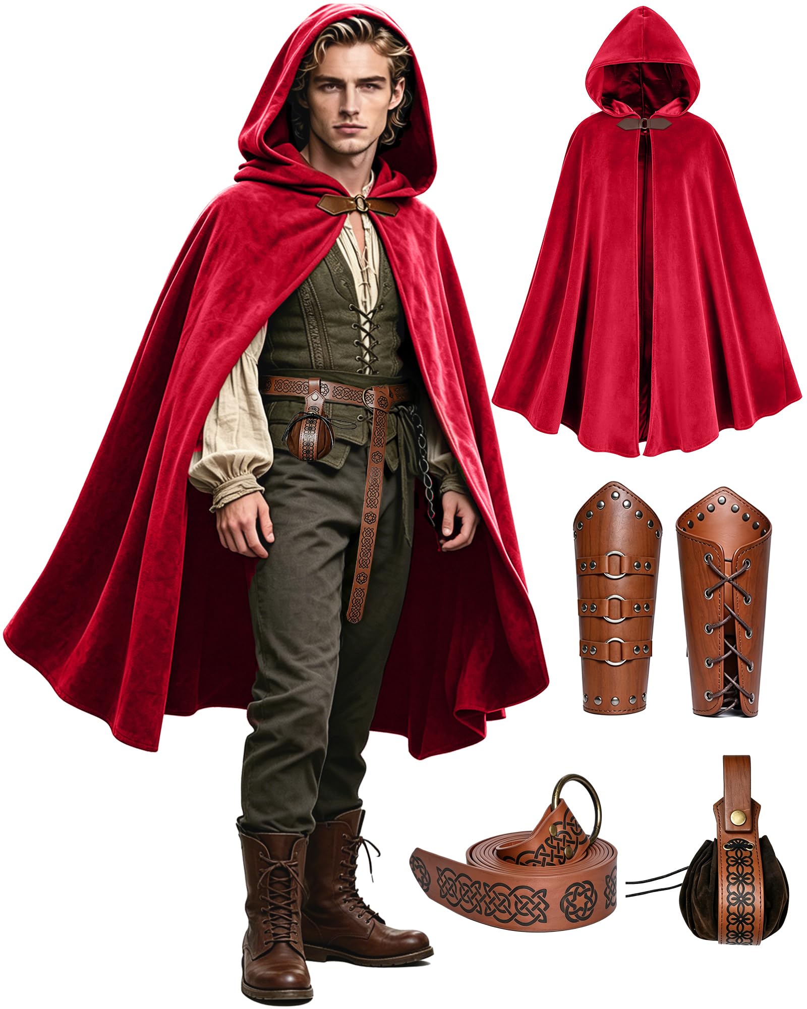 FJKVKDT Medieval Viking Hooded Cloak Set for Men Women, Renaissance LARP Costume with Faux Leather Embossed Belt, Bracers & Pouch (Burgundy, One Size)