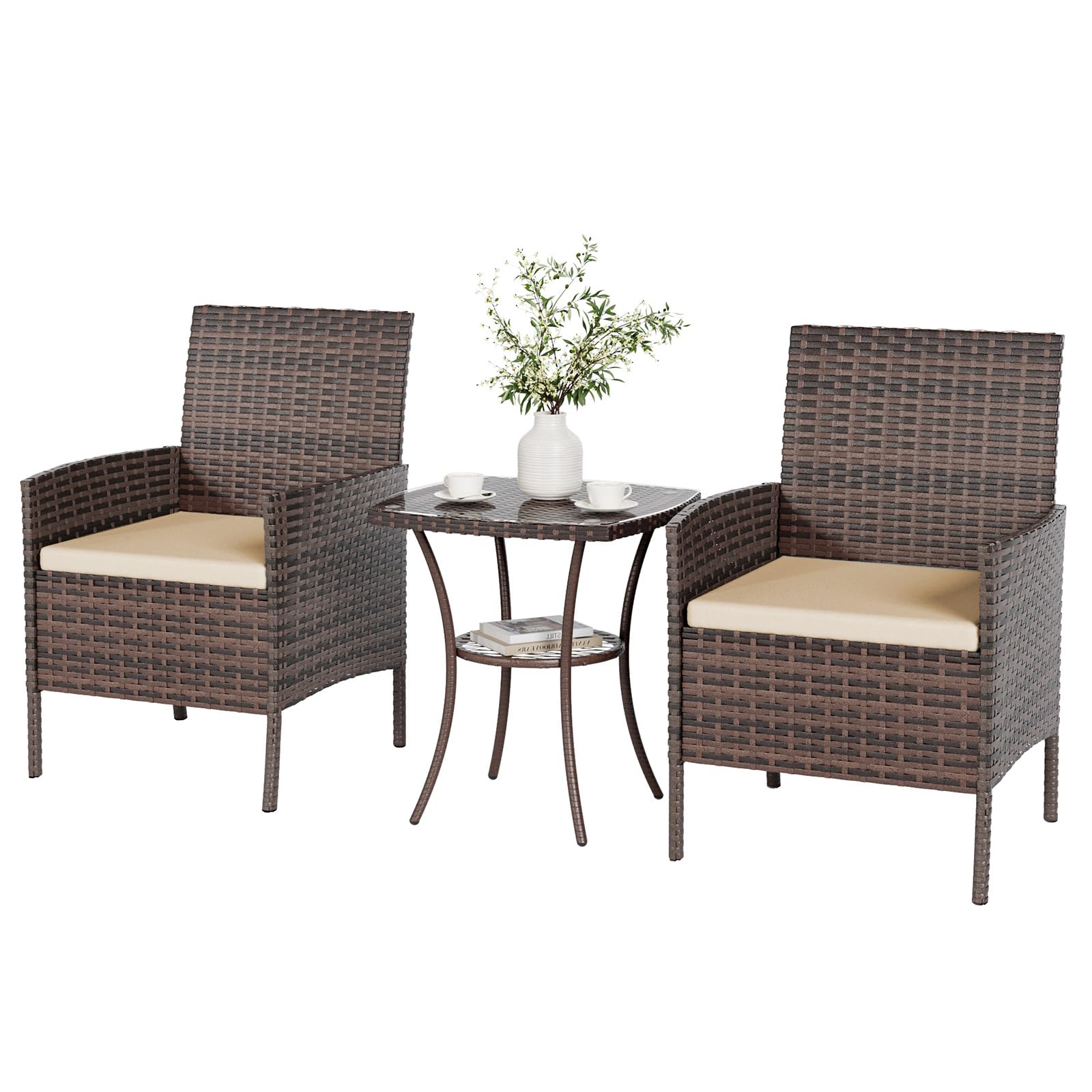 UDPATIO Salon de Jardin Exterieur 2 Fauteuils avec Coussin et 1 Table Basse en Verre trempém, Canapé de Jardin en rotin pour Le Jardin et la terrasse, Marron