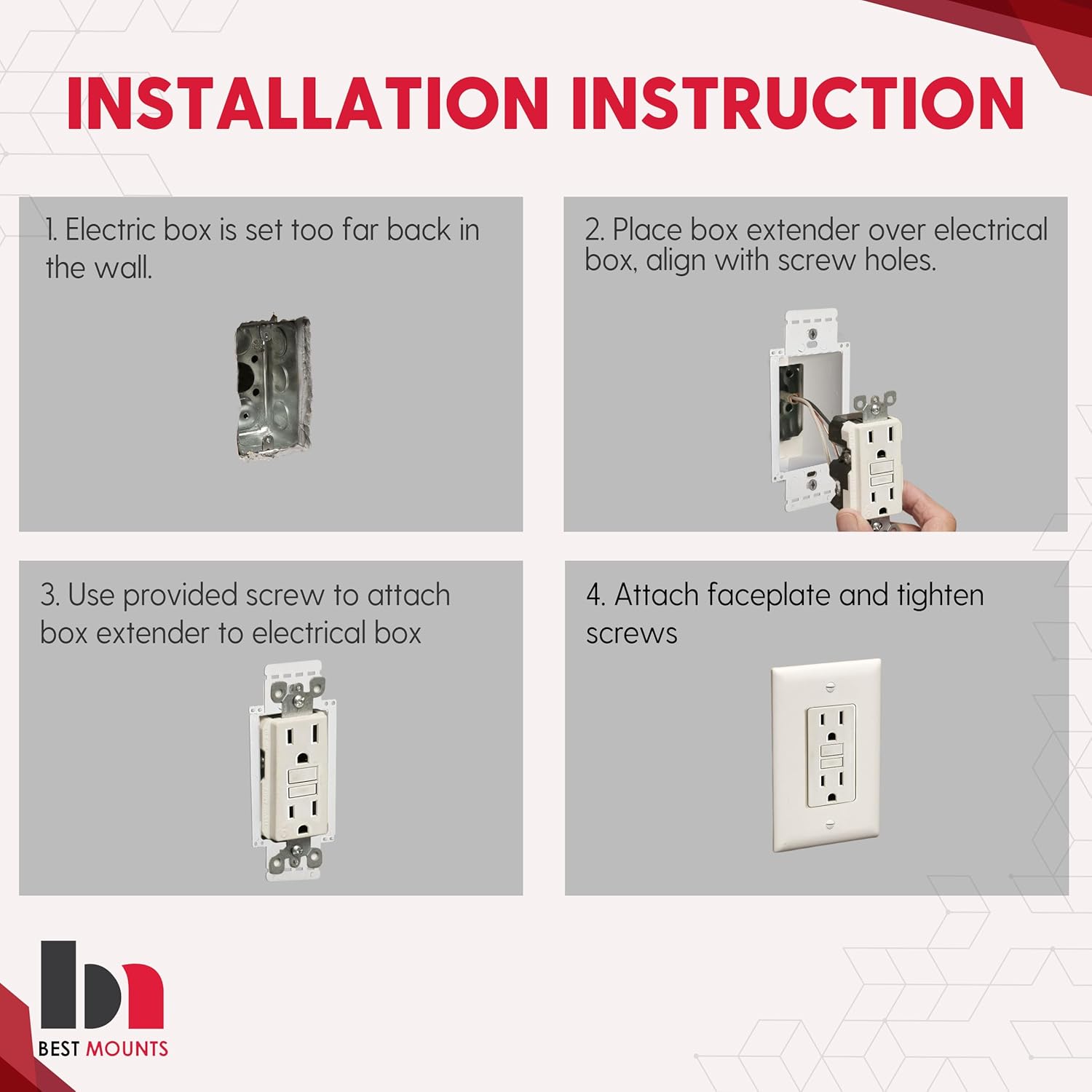 BestMounts - 10 Pack Electrical Power Outlet Box Extender Kit – Single Gang Box Extender - Single Receptacle Heavy Duty Plastic (White) - Image 4