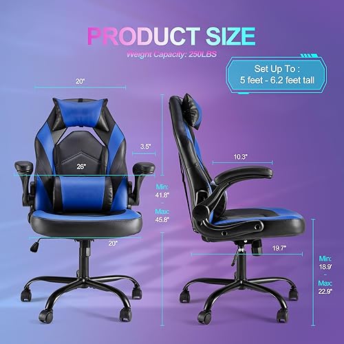 Miniatura 3 de Silla ergonómica de escritorio para juegos de computadora, piel sintética con soporte lumbar ajustable y reposacabezas, reposabrazos abatibles,