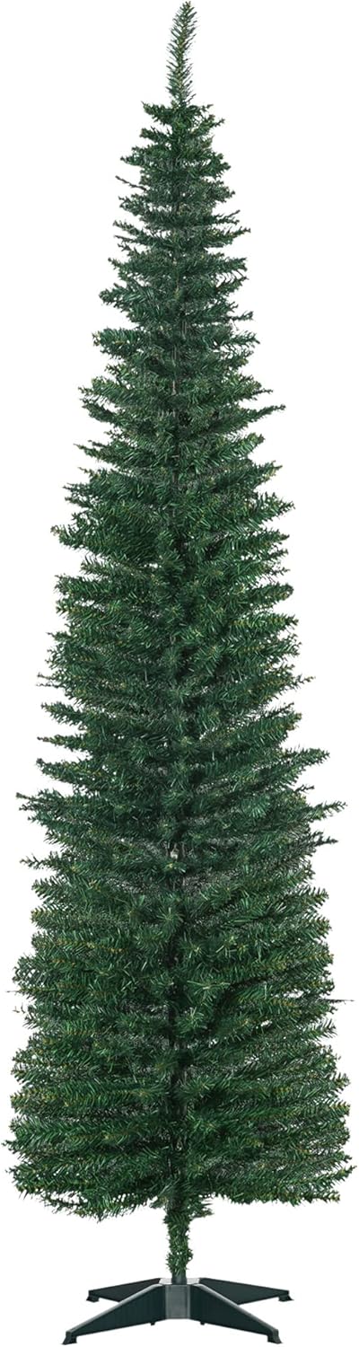 HOMCOM 7' Artificial Pencil Christmas Tree, Slim Xmas Tree with 499 Realistic Branch Tips and Plastic Stand, Green 7FT Green