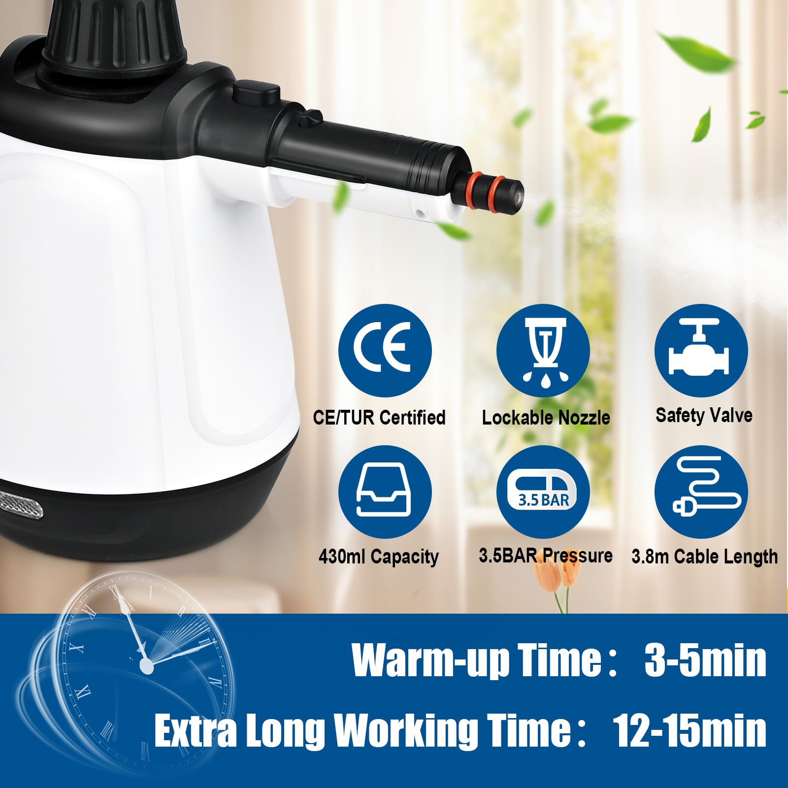 Dreamhigh Ręczny środek do czyszczenia parą 430 ml, 1200 W, 3,5 bara, środek do czyszczenia pary z 9 akcesoriami, elektryczne środki czyszczące do plam na szybach, pluskwa, łóżko, materac,