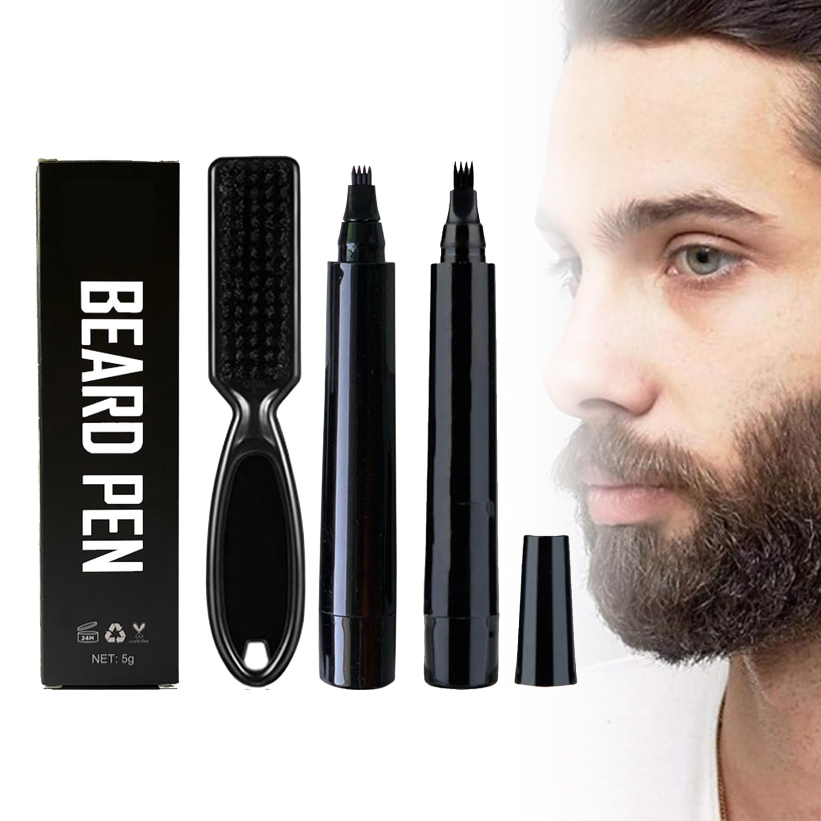 Penna per Barba Uomo,Kit Matita Riempitiva per Barba da Uomo,Penna per Riempimento Barba,Beard Filling Pen,Riempimento Barba Impermeabile,Matita per Barba e Pennello per Barba,Nero
