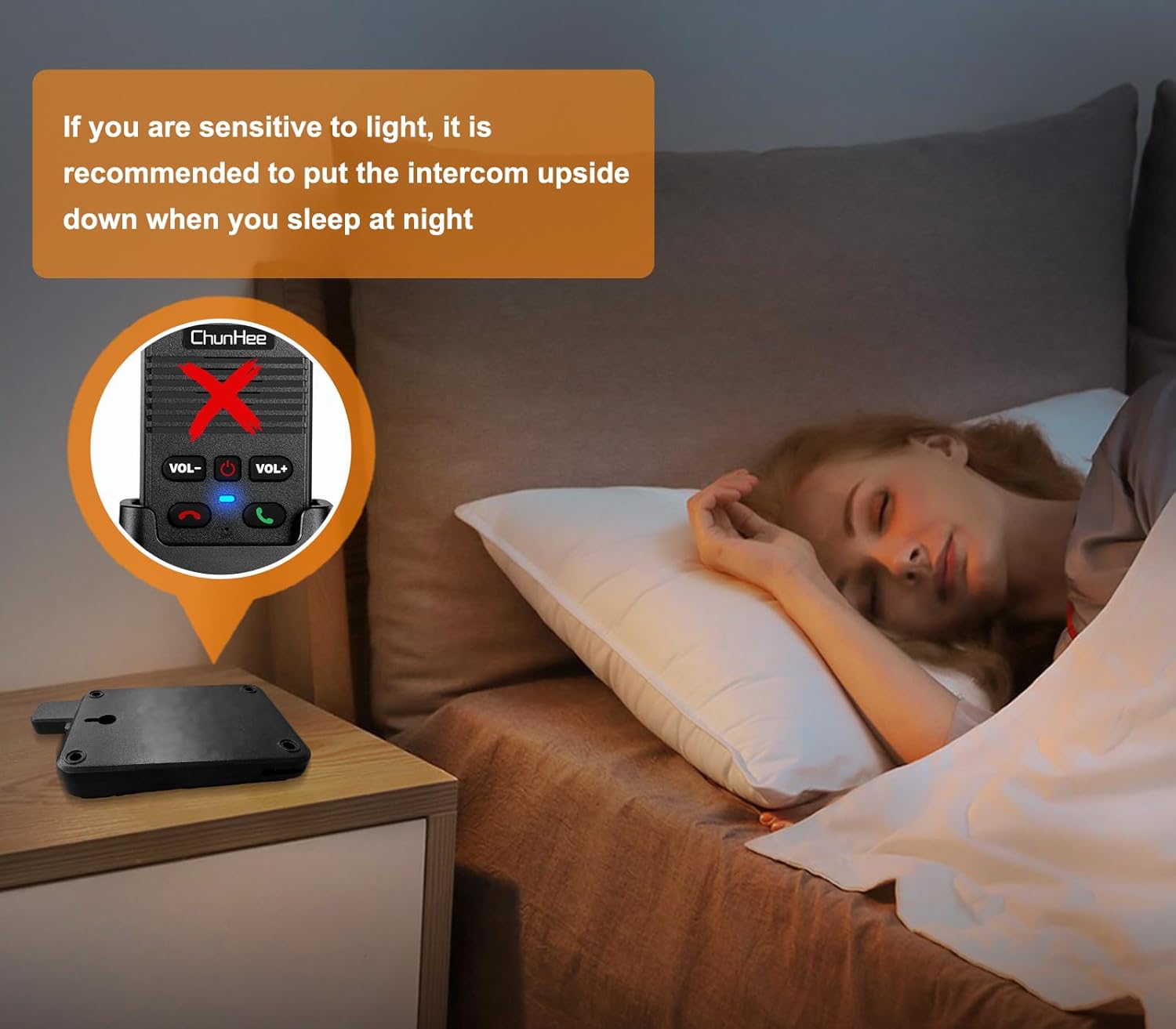 Two images showing installation options: one person wearing the intercom with a lanyard, and another image showing the intercom mounted on a wall.