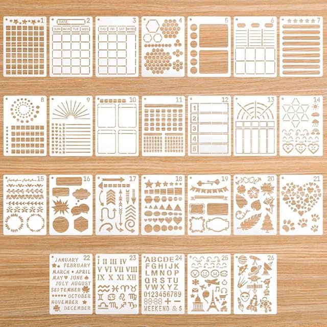 Ruicaifu 26pcs Journal Stencils for Crafts, Reusable DIY Stencil Templates A5 Craft Templates for Drawing Plastic Bullet Stencils for Diary Journal Scrapbook DIY Craft Drawing(26 Types)