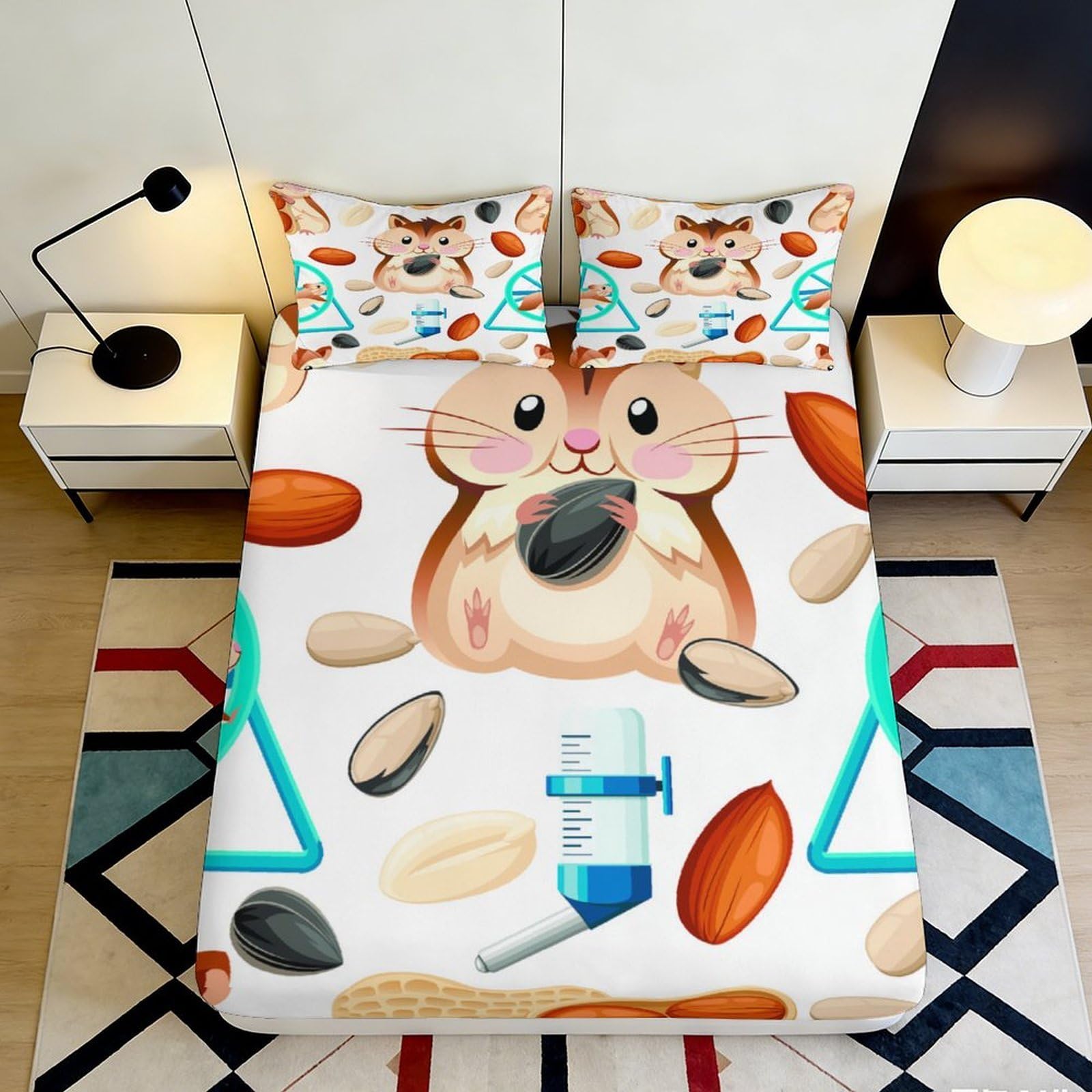 3D Printed Cartoon Hamster Fitted Sheet Microfiber Deep Pocket Bedroom Bedding Full Wrap Hamster Mattress Fitted Cover Washable 90x200x25cm