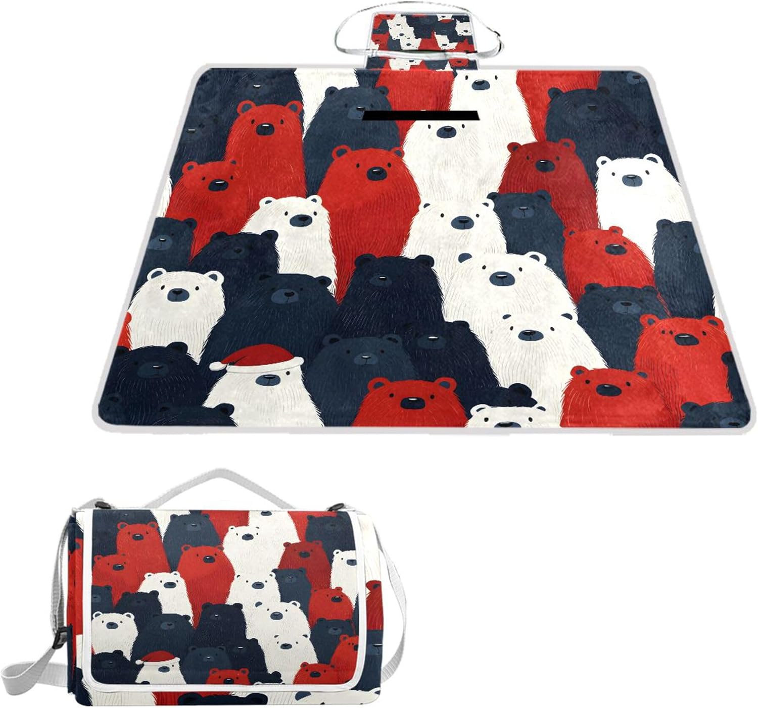 MNSRUU Picnic Blanket Waterproof Foldable, Bear Large Outdoor Picnic Blanket Beach Blankets Camping Blanket Travel Mat, Shoulder Strap Tote, Rectangle 57x59in