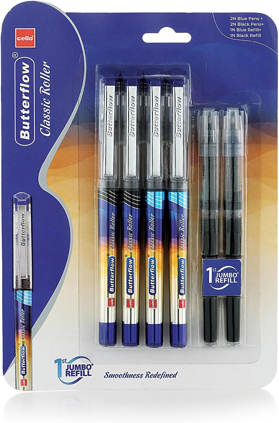 Cello Butterflow Classic Roller Pen Set | Pack of 4 Roller Pens | 2 Blue & 2 Black Ink Colour Pens + 2 Jumbo Refills | Smooth Writing Experience | For Students and Office Use | Best Pen for Exams