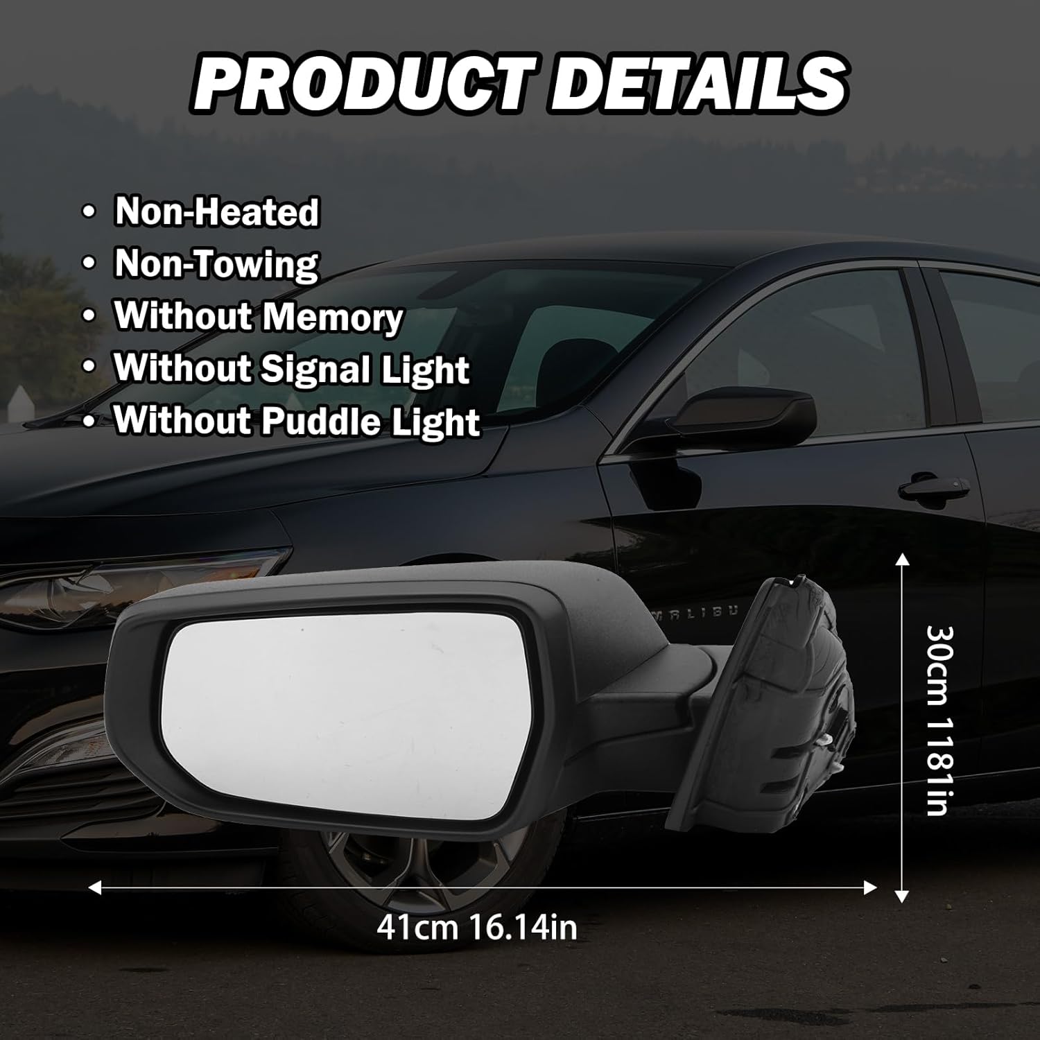 Driver Side View Mirror Compatible with Chevy Malibu 2016 2017 2018 2019 2020 2021 2022 Non Heated Without Signal Light Manual Folding LH
