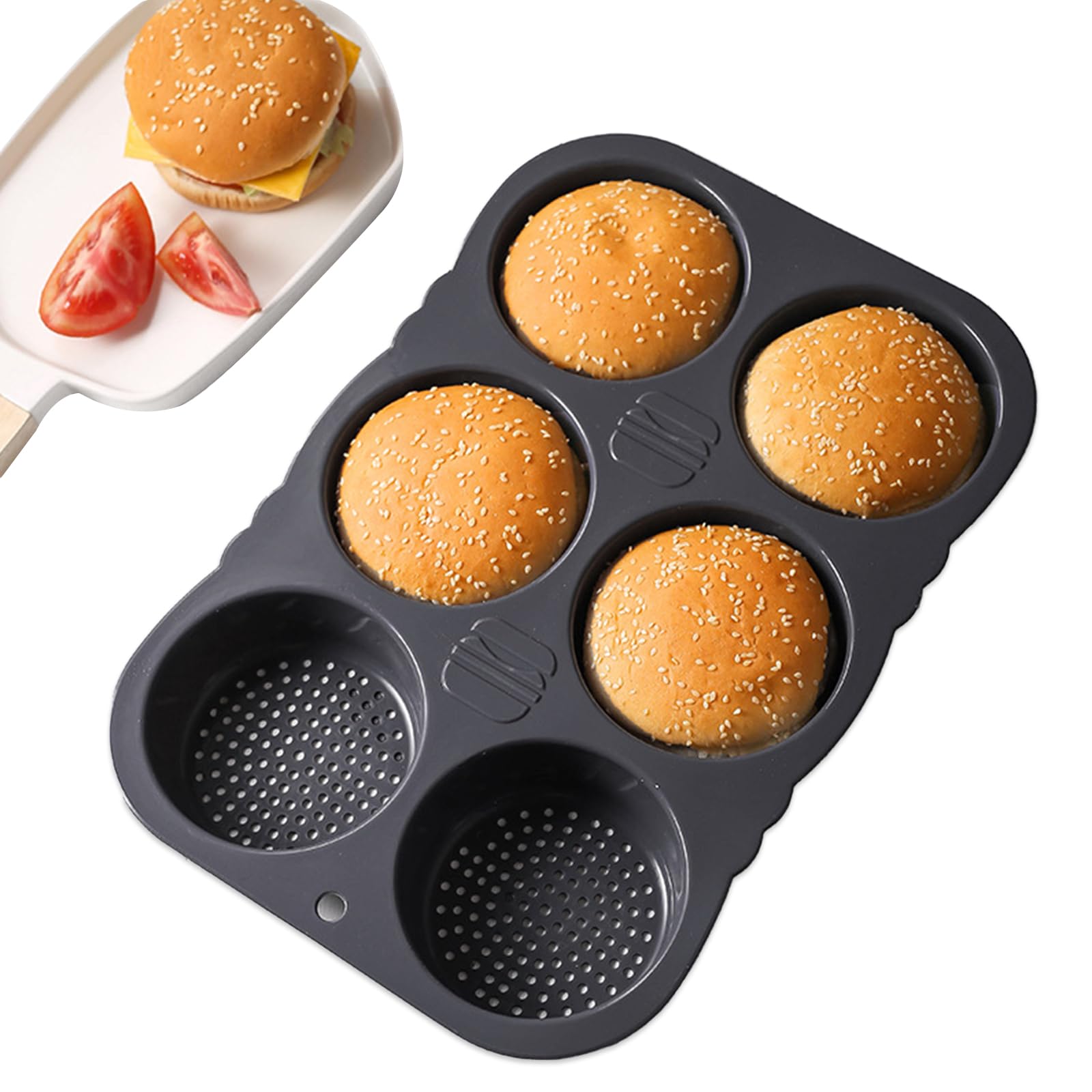 Stampo per Hamburger in Silicone, 6 Cavità Stampo Antiaderente per Panini, Rotondo, Diametro 10 cm, Perforato