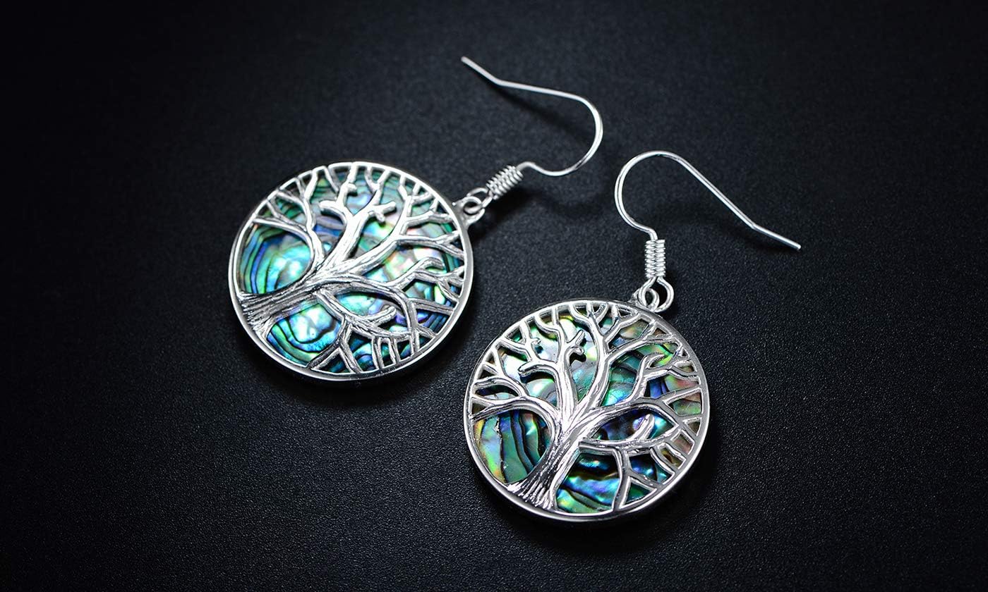 Tree of Life Earrings For Women | Barzel 18K White Gold Plated Created Abalone Tree Of Life Dangling Earrings - Image 6