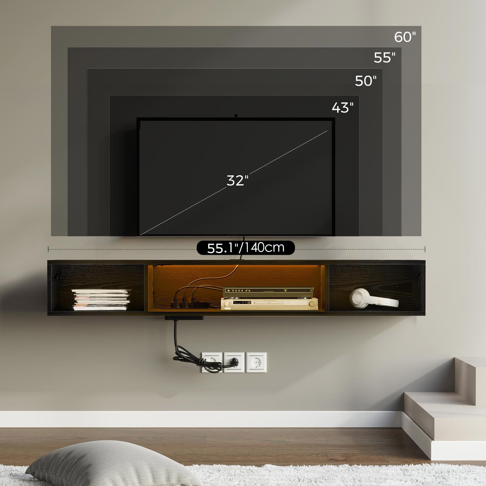 Seventable Supporto TV con supporto e presa di corrente da 43 pollici, supporto girevole per TV da 32/45/55/60/65/70, centro intrattenimento TV regolabile in altezza con gestione dei cavi, marrone