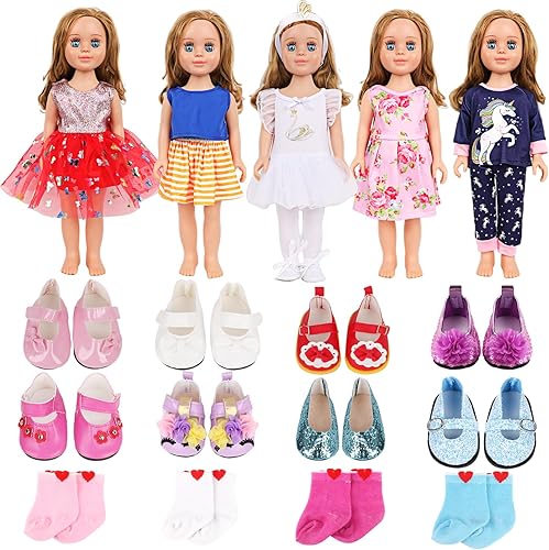 Paquete de ropa y accesorios para muñecas de 18 pulgadas, juego de 19 piezas con 5 ropa, 2 zapatos (8 opciones de estilo) y 2 calcetines, accesorios