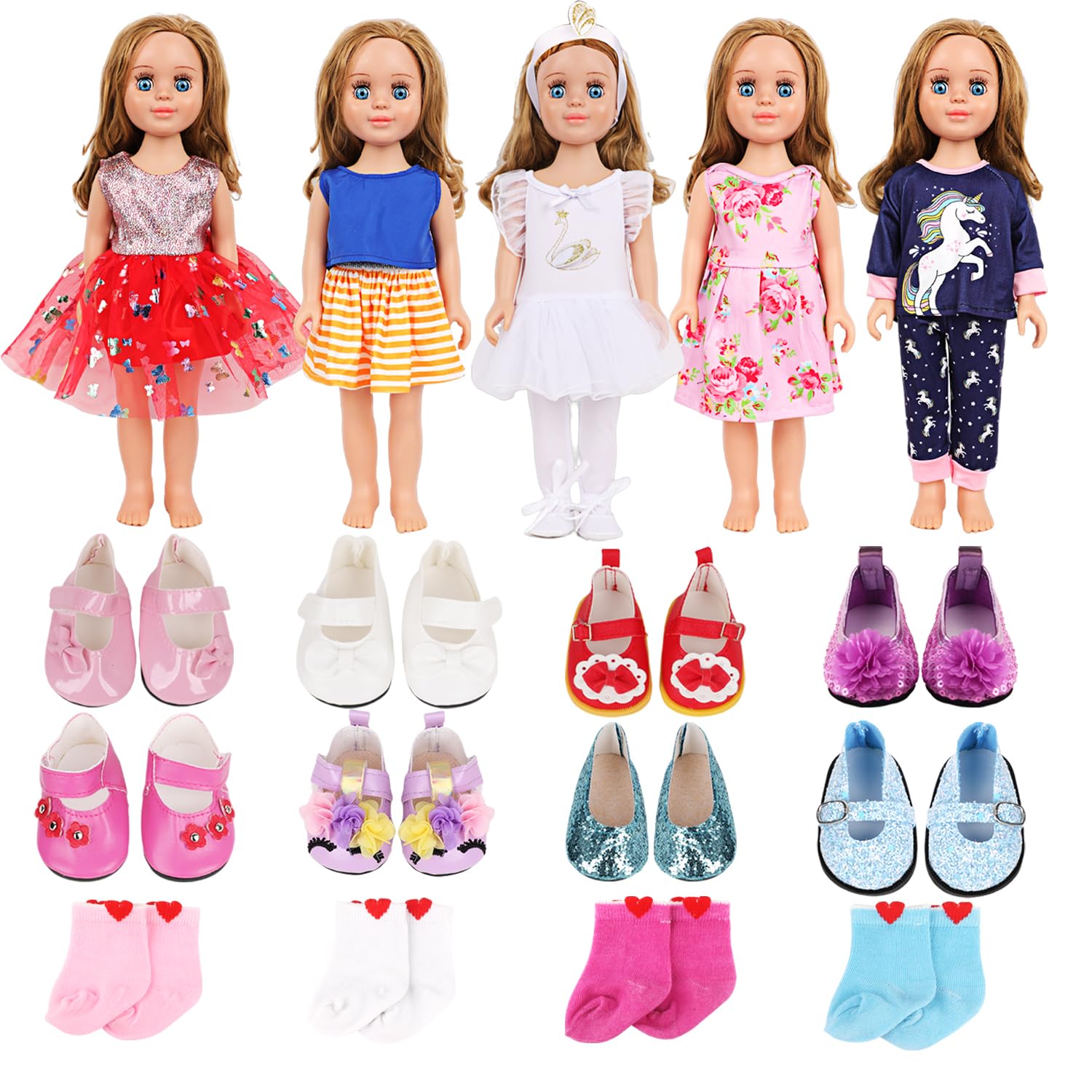 18 Inch Doll Clothes & Accessories Bundle-19-Piece Fashion Doll Outfit Set with 5 Clothes,2 Shoes (8 Style Options) & 2 Socks,Girl Doll Accessories Gift for Kids, Role Play & Dress-Up