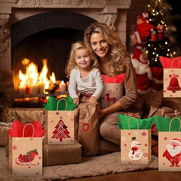 DTOFOOT Christmas Bags, 18Pcs Christmas Treat Bags with Handles 20Pcs Tissue Paper Small Holiday Paper Goodie for Holiday Party Favors