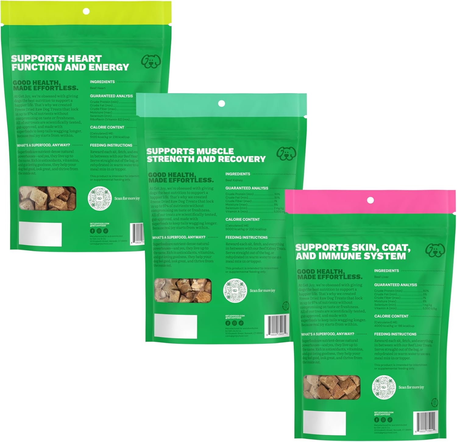 Get Joy Freeze Dried Superfood 100% Beef Heart, Kidney, Liver Dog Treats Variety Pack, 4 Ounce (Pack of 3), Single Ingredient Organ Meat, High Protein, Grain Free, Gluten Free, Made in USA