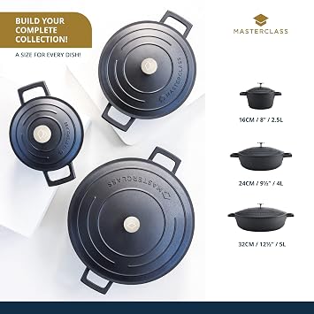 MasterClass Cast Aluminium Black Shallow Casserole Dish, 24cm, 2.5 Litre, Gift Boxed | Arrives gift boxed for professional presentation — perfect for commercial kitchen display or retail gifting.