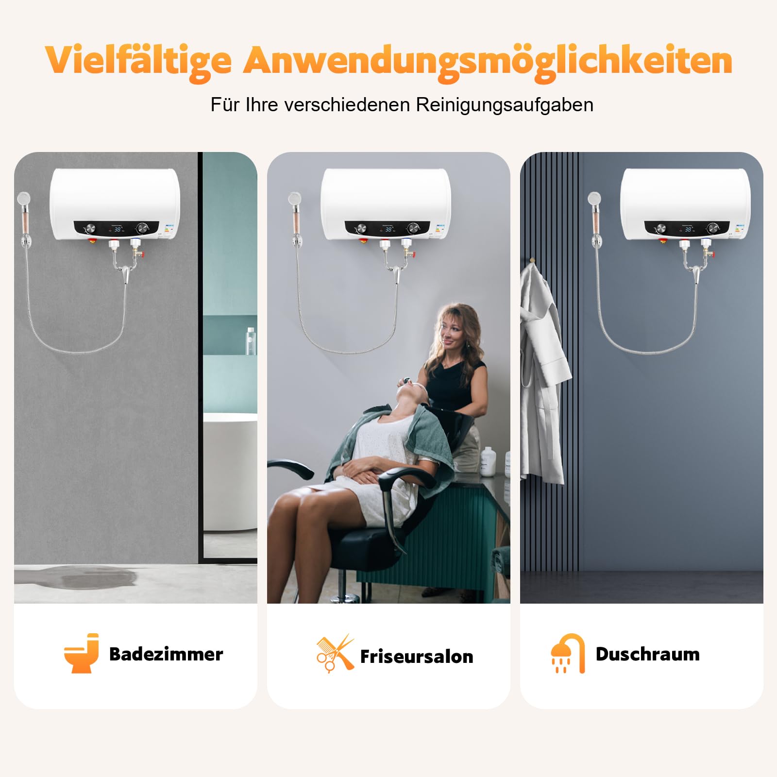 Elektrospeicher Warmwasserspeicher, Elektrischer Tank-Wassererhitzer 220V 2000W Durchlauferhitzer mit Handbrause und Schlauch Horizontal Boiler 25–75 °C für Badezimmer (50, Liter)