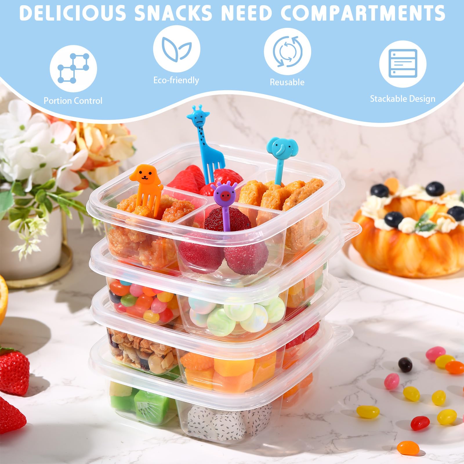 Dandat 50 recipientes de plástico transparente con tapas, 4 compartimentos, cajas de aperitivos Bento reutilizables con 50 palillos de comida de animales para niños, adultos, escuela, oficina, trabajo