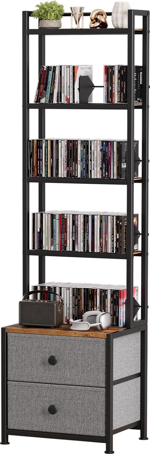 CD Storage Rack with Drawer, 5-Tier DVD Organizer Shelf w/Adjustable Book Stoppers, Media Storage Rack for CD/DVD, Books & Games, Ideal for Living Room & Home Office – 15.7×11.8×56.5Inches