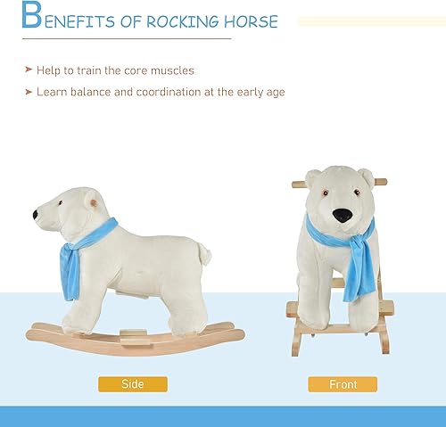 Miniatura 4 de Qaba Caballo mecedor para niños con cuerpo de oso polar suave, divertido sonido de rugido y manillares de seguridadreposapiés