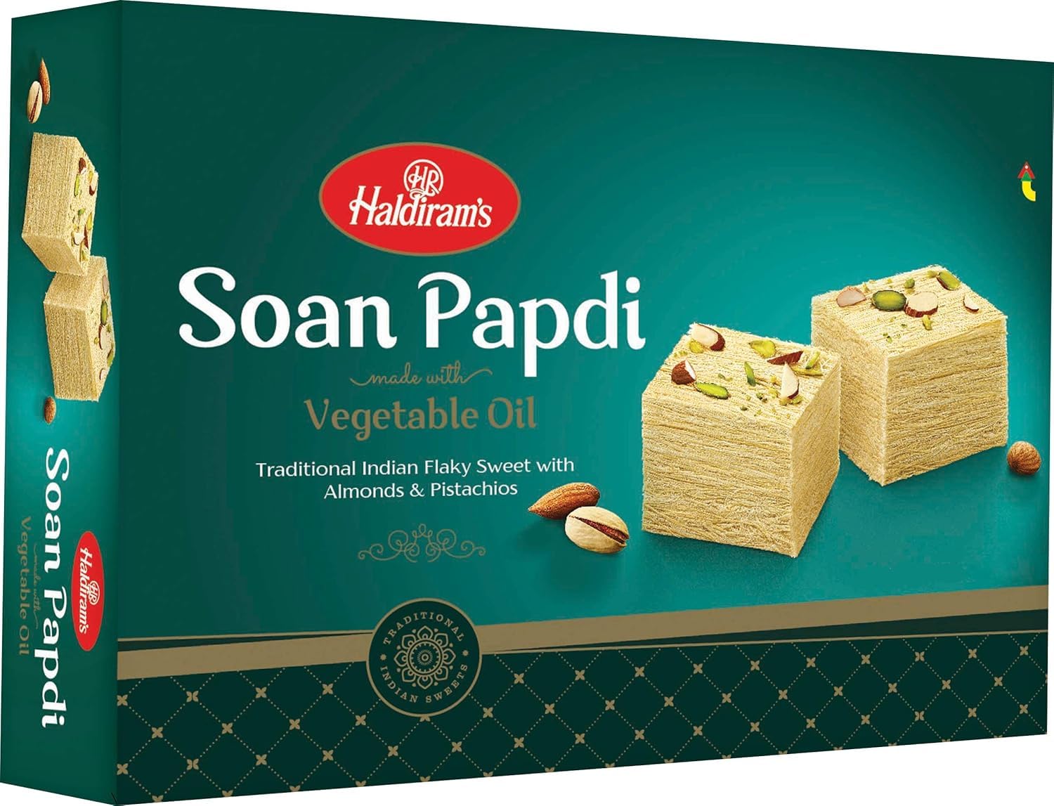 Haldirams Soan Papdi Desi Ghee 500g - Fluffige indische Süßigkeit Besan Kardamom | Mit Pistazien & Mandeln, Buttrig-zart, Traditionelles Mithai Sweets mit Kajal