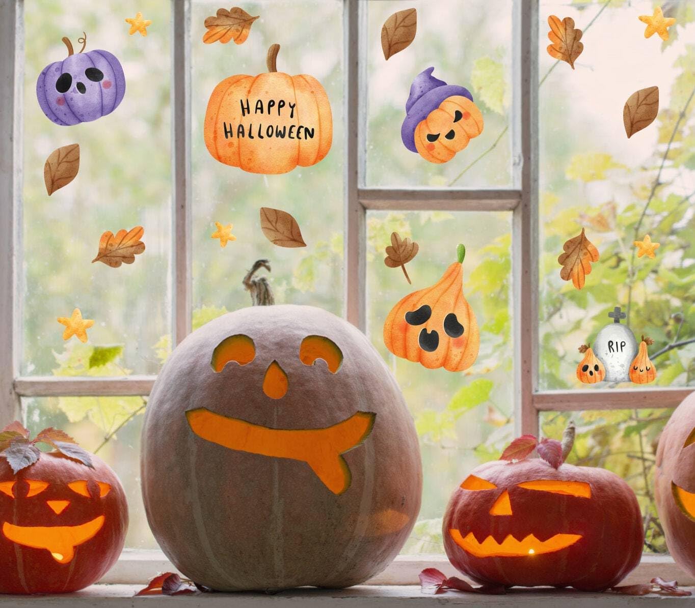 QuoteMyWall Halloween Window Stickers Decorations, Pumpkin Window Decals for Children's Rooms Home & Shop Scary Décor Clean Removable Spooky Kids Party Waterproof (Pumpkins & Autumn Leaves)