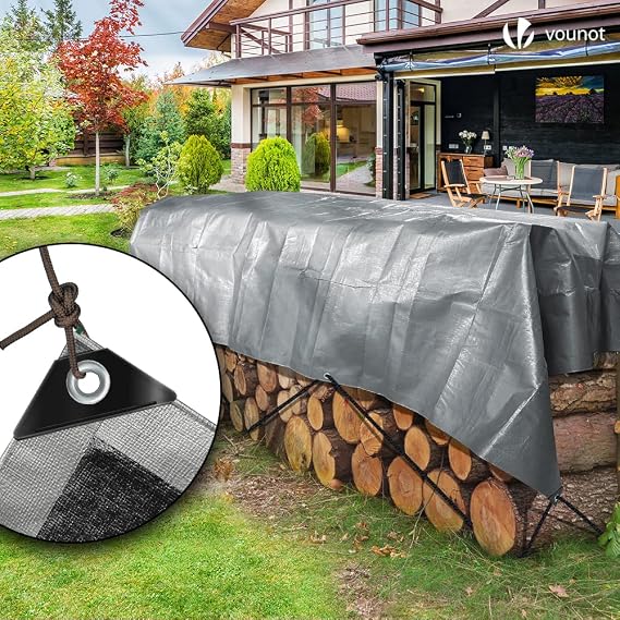 VOUNOT 3x4m tarpaulin 240 g/m² waterproof truck tarpaulin with eyelets protective tarpaulin fabric tarpaulin for garden furniture wood trampoline poll car tear-resistant coated on both sides gray