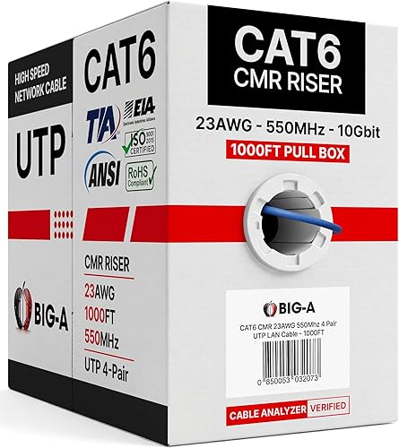 Miniatura 10 de Big-A - Cable Cat6 a granel de 1000 pies, 23 AWG, sólido, 4 pares, cable Ethernet Cat 6 sin blindaje (UTP), cable de Internet de 550 MHz, caja