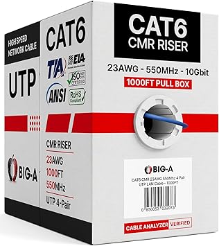 Big-A - Bulk Cat6 Cable 1000ft 23AWG Solid 4 Pair, Cat 6 Ethernet Cable Unshielded Twisted Pair UTP, CMR 550MHz Internet Cable, Pull Box - Blue