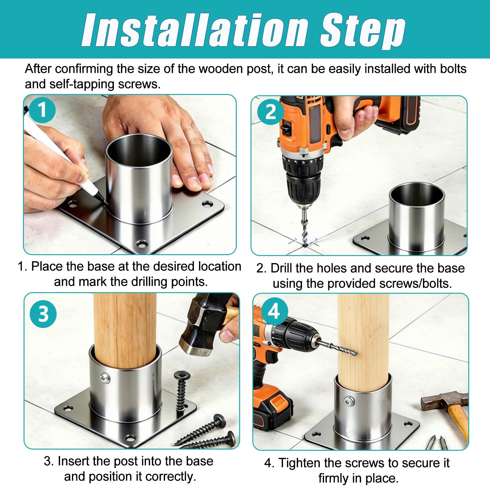 2 Pack Brida poste tubo redondo valla con kit tornillos | Hormigón de soporte poste inoxidable barandillas exteriores/luz columna/proyectos arquitectónicos(Dia 60mm/2.4")