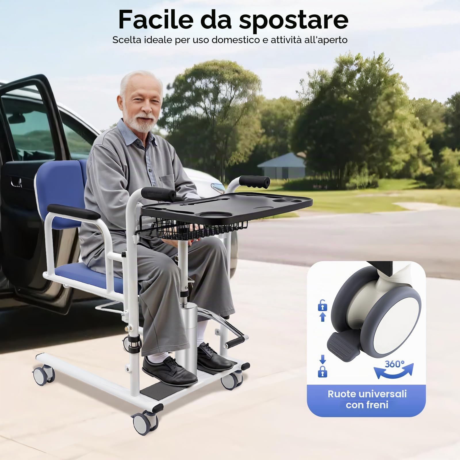 Sollevatore idraulico per pazienti, per anziani, sedile diviso a 180°, sedia a rotelle portatile, blu
