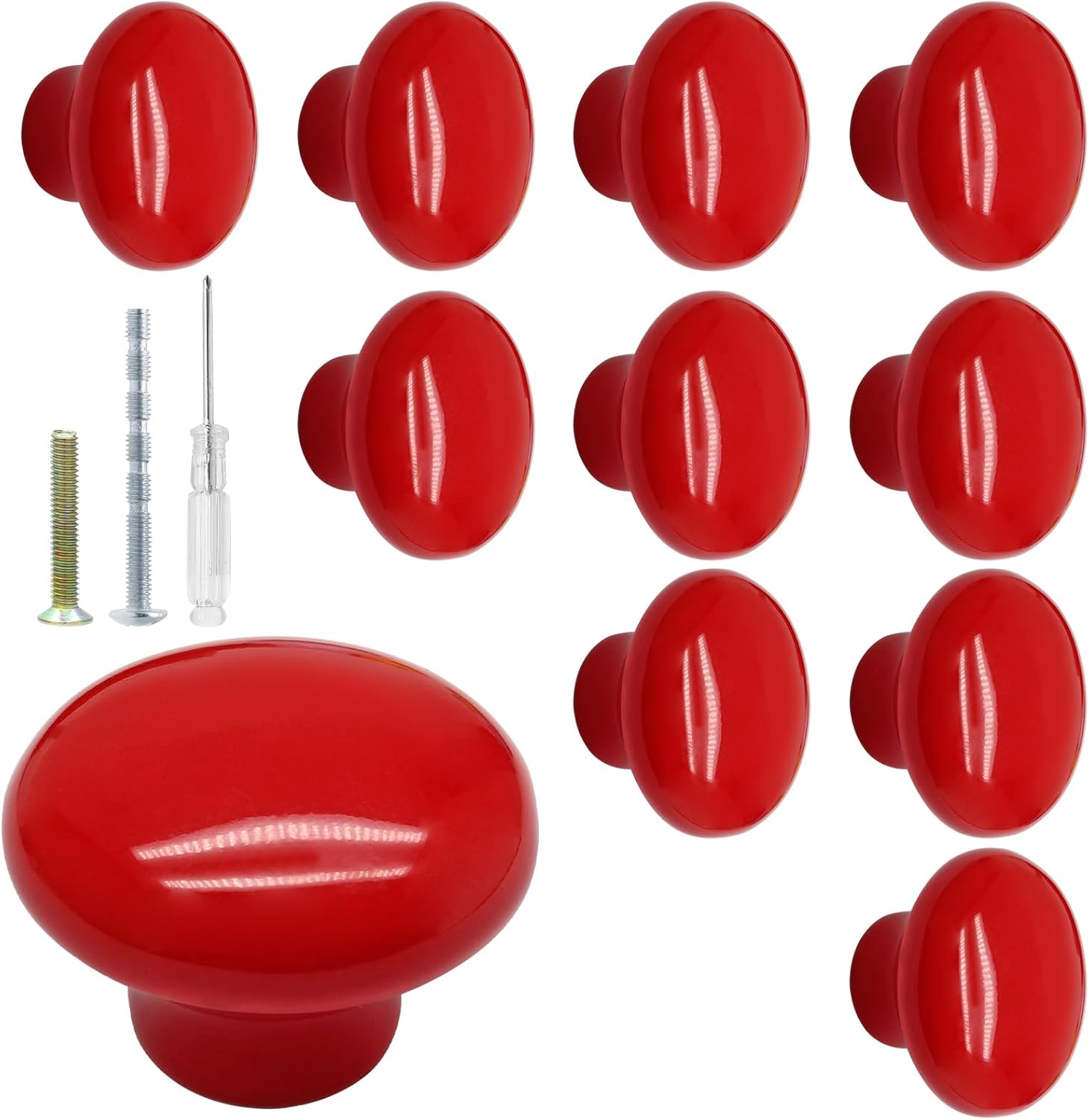 Biaungdo 10 Pack Red Ceramic Kitchen Cabinet Knobs Pulls, 32 mm/1.26 Inch Retro Vintage Round Drawer Knobs, Decorative Closet Door Handles for Cupboard, Wardrobes, Dresser, Furniture Hardware