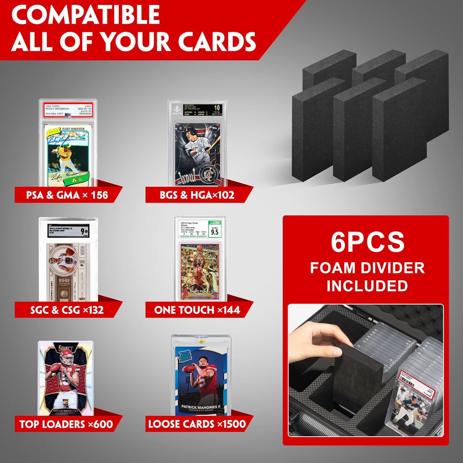 Graded Card Storage Box, Trading Cards Slab Carrying Case, 6 Row Hard Sports Cards Holder Boxes with 6 Dividers Fits for PSA BGS SGC Top Loaders Collection
