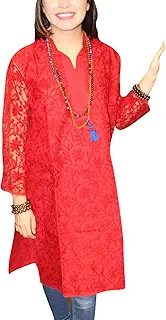 Mogul Interior Womens Tunic Dress Beautiful Embroidered Red Cotton Boho Long Kurti L